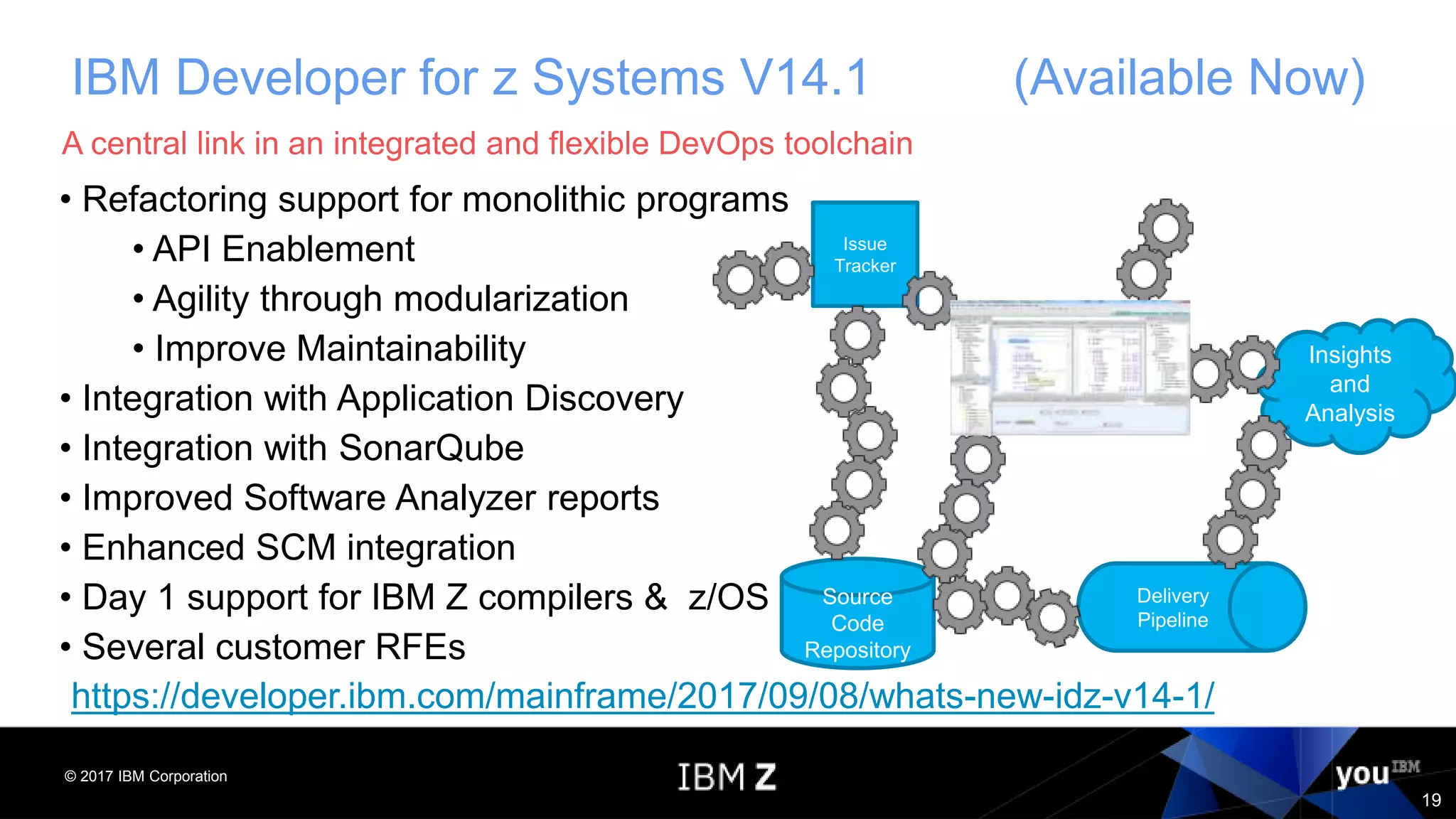 © 2017 IBM Corporation
19
A central link in an integrated and flexible DevOps toolchain
IBM Developer for z Systems V14.1 (Available Now)
Issue
Tracker
Source
Code
Repository
Delivery
Pipeline
Insights
and
Analysis
• Refactoring support for monolithic programs
• API Enablement
• Agility through modularization
• Improve Maintainability
• Integration with Application Discovery
• Integration with SonarQube
• Improved Software Analyzer reports
• Enhanced SCM integration
• Day 1 support for IBM Z compilers & z/OS
• Several customer RFEs
https://developer.ibm.com/mainframe/2017/09/08/whats-new-idz-v14-1/
 