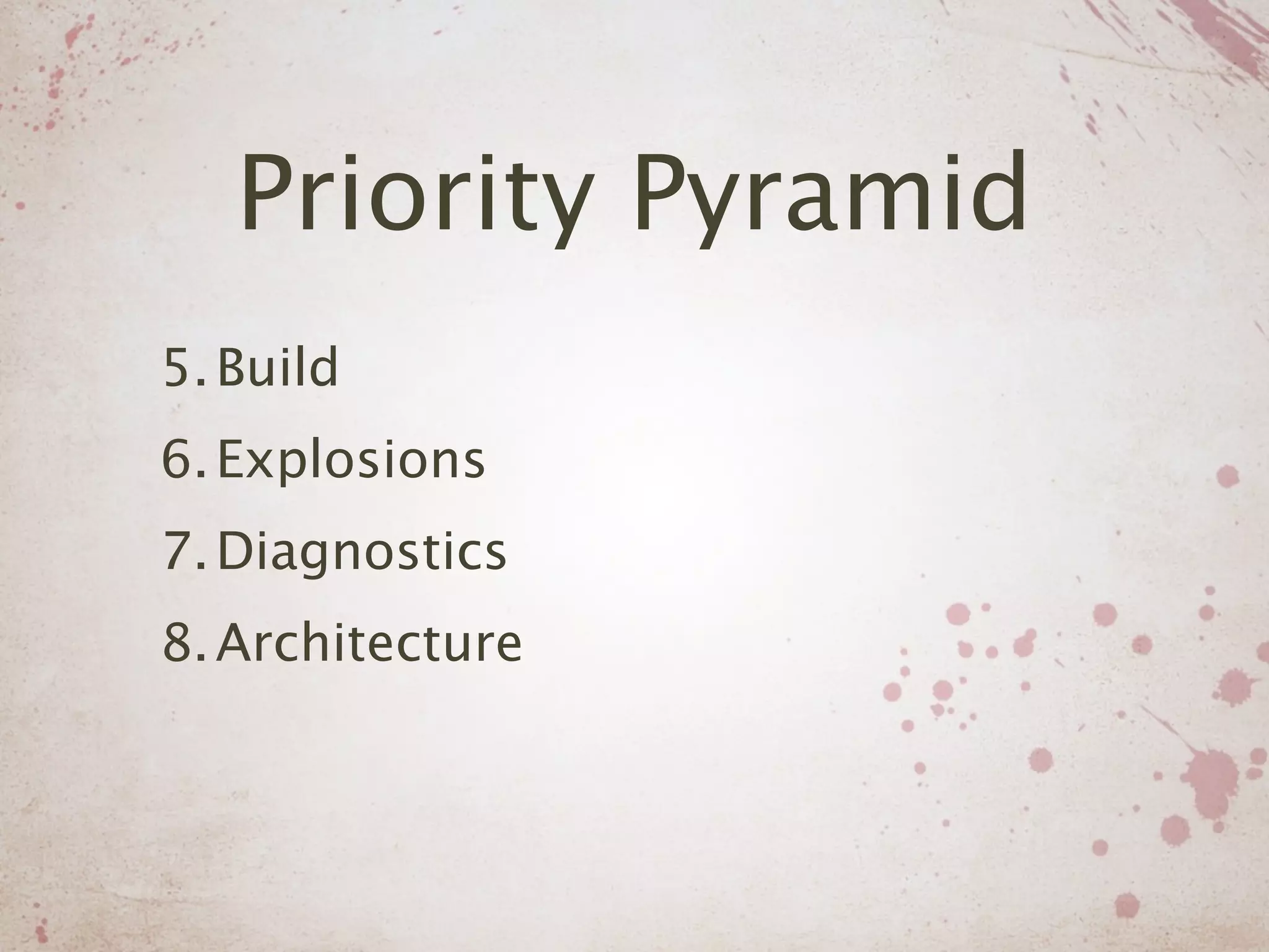 Priority Pyramid
5. Build
6. Explosions
7. Diagnostics
8. Architecture
 