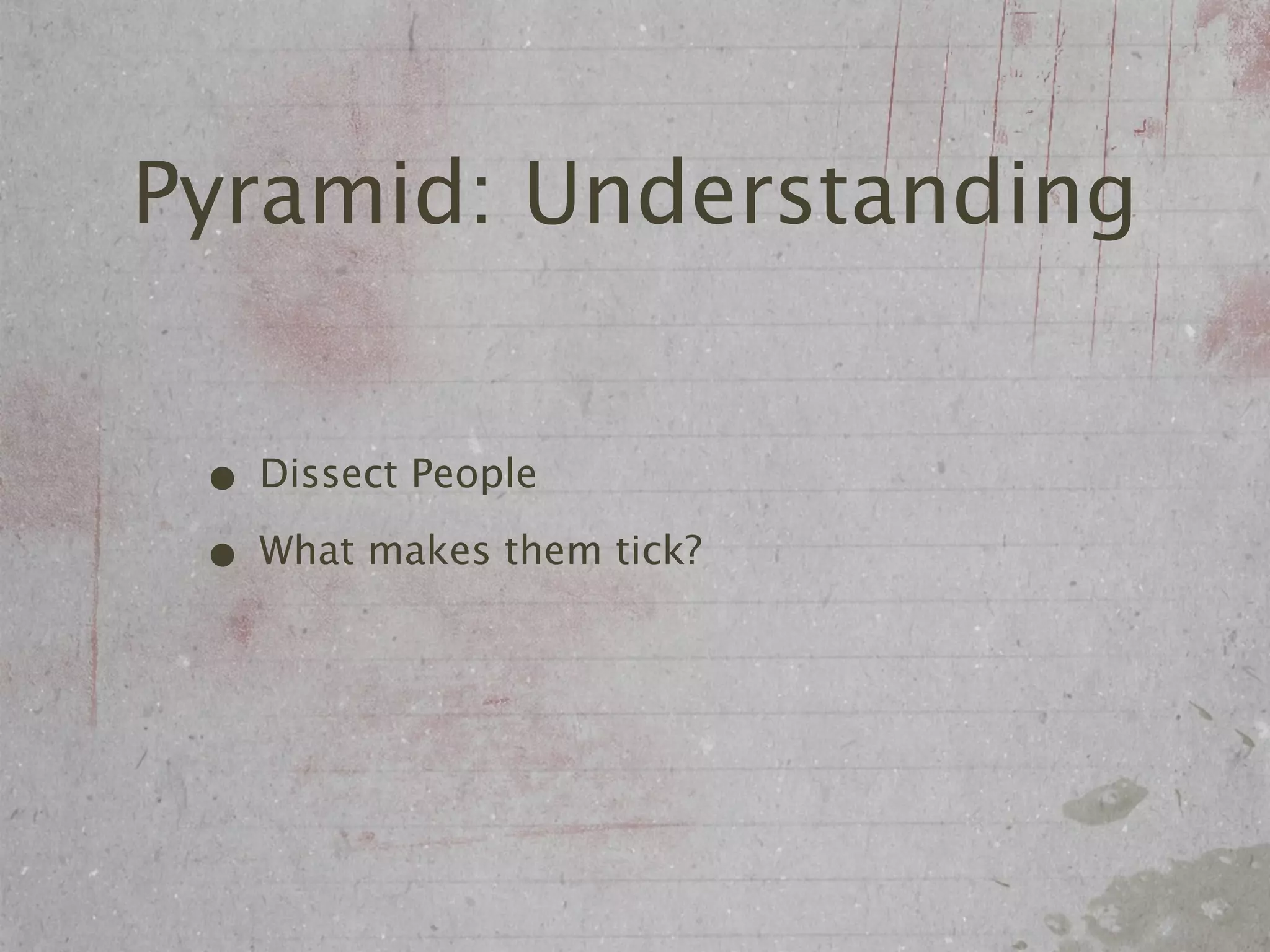 Pyramid: Understanding


 • Dissect People
 • What makes them tick?
 