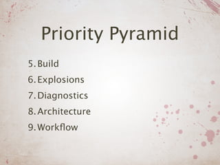 Priority Pyramid
5. Build
6. Explosions
7. Diagnostics
8. Architecture
9. Workﬂow
 