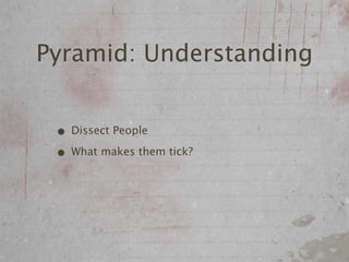 Pyramid: Understanding


 • Dissect People
 • What makes them tick?
 