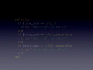 def price
  if @type_code == :rigid
    raise "should not be called"
  end
  if @type_code == :font_suspension
    raise "should not be called"
  end
  if @type_code == :full_suspension
    raise "should not be called"
  end
end
 