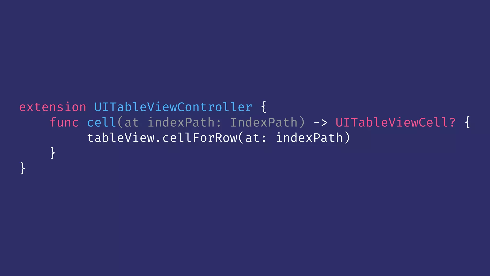 extension UITableViewController {
func cell(at indexPath: IndexPath) -> UITableViewCell? {
tableView.cellForRow(at: indexPath)
}
}
 