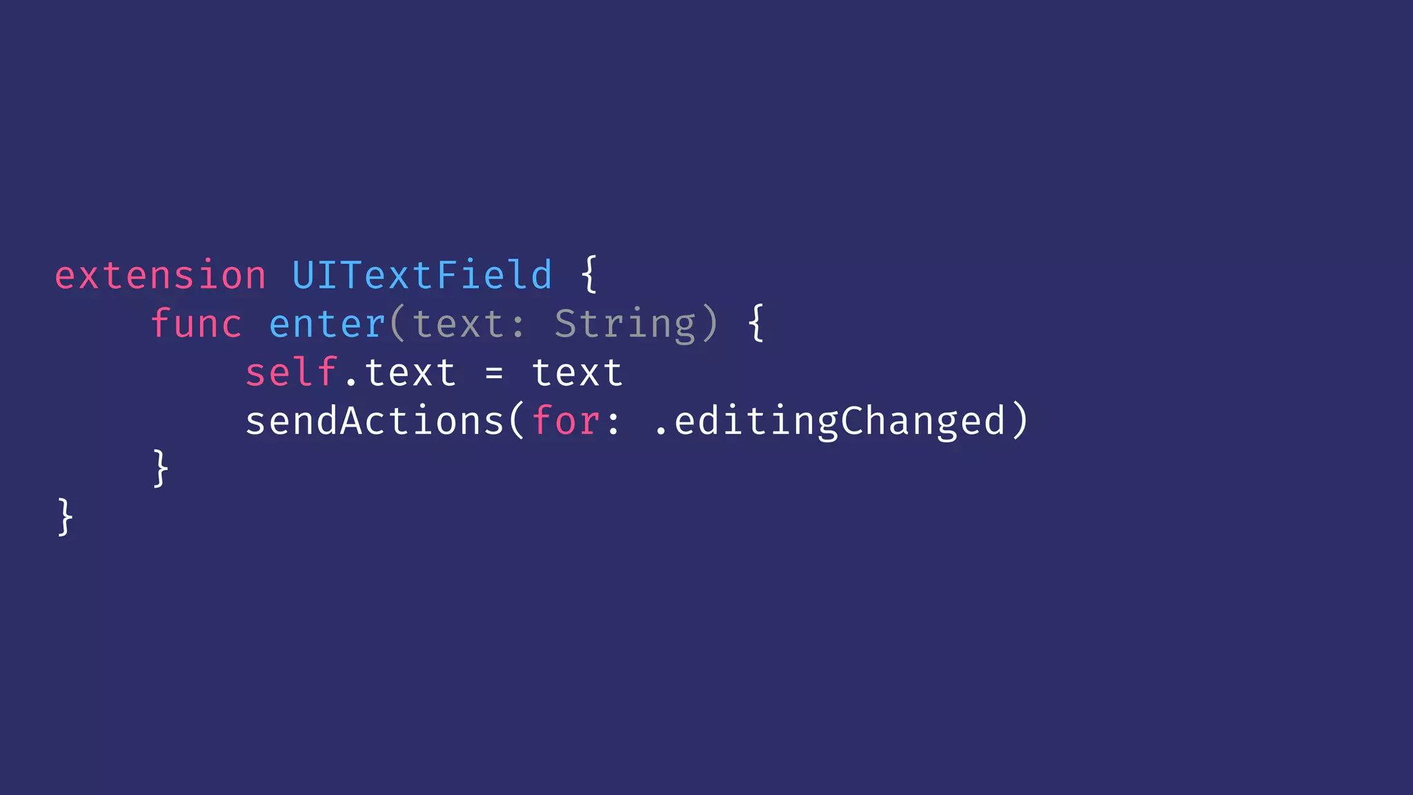 extension UITextField {
func enter(text: String) {
self.text = text
sendActions(for: .editingChanged)
}
}
 