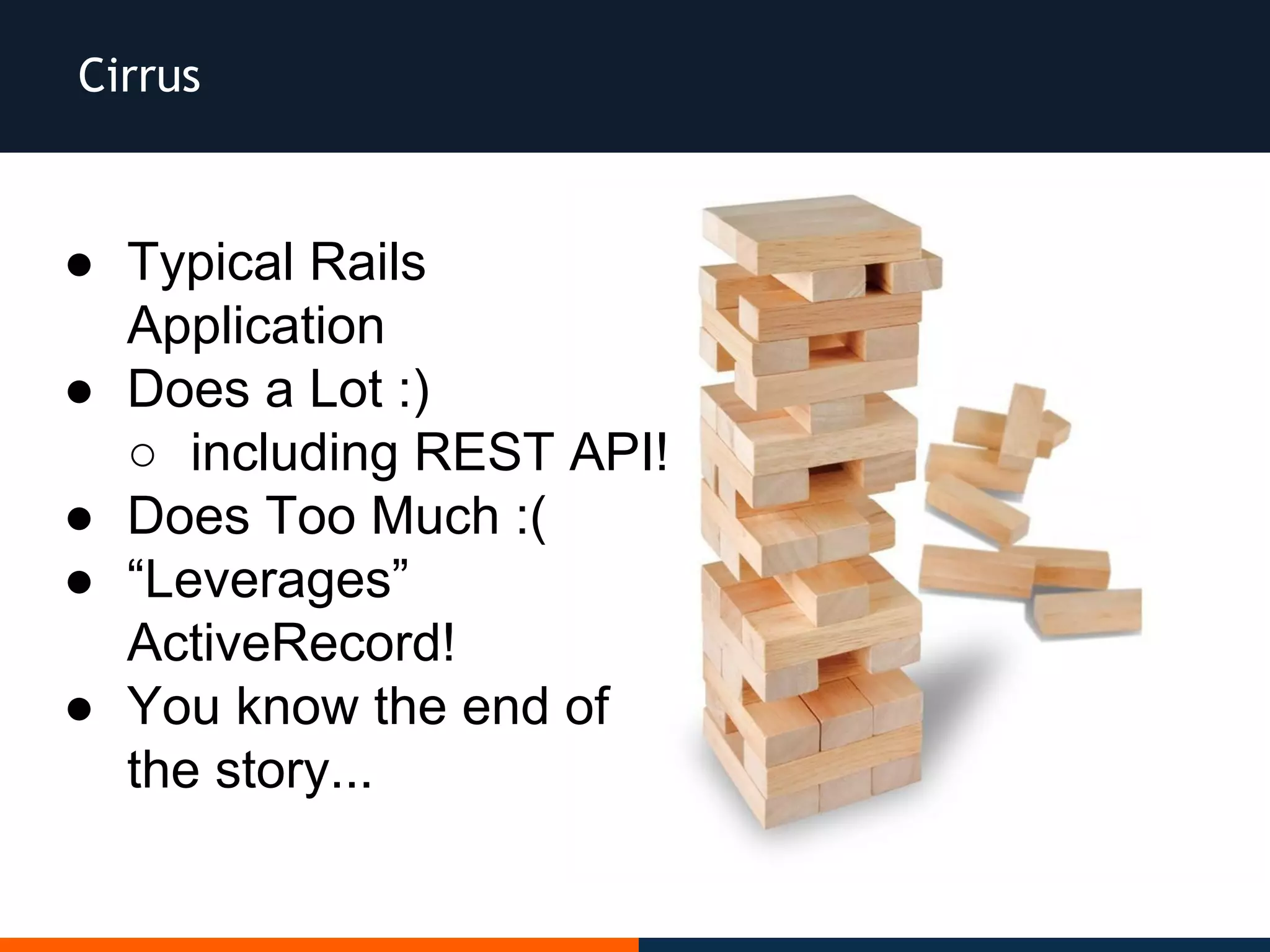 Cirrus
● Typical Rails
Application
● Does a Lot :)
○ including REST API!
● Does Too Much :(
● “Leverages”
ActiveRecord!
● You know the end of
the story...
 