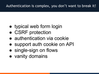 Authentication is complex, you don’t want to break it!
● typical web form login
● CSRF protection
● authentication via cookie
● support auth cookie on API
● single-sign on flows
● vanity domains
 