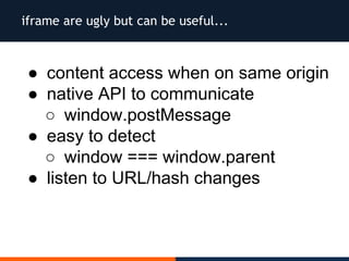 iframe are ugly but can be useful...
● content access when on same origin
● native API to communicate
○ window.postMessage
● easy to detect
○ window === window.parent
● listen to URL/hash changes
 