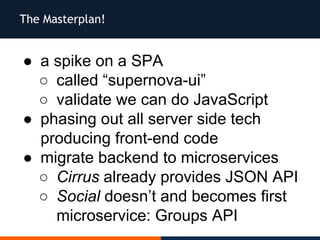 The Masterplan!
● a spike on a SPA
○ called “supernova-ui”
○ validate we can do JavaScript
● phasing out all server side tech
producing front-end code
● migrate backend to microservices
○ Cirrus already provides JSON API
○ Social doesn’t and becomes first
microservice: Groups API
 