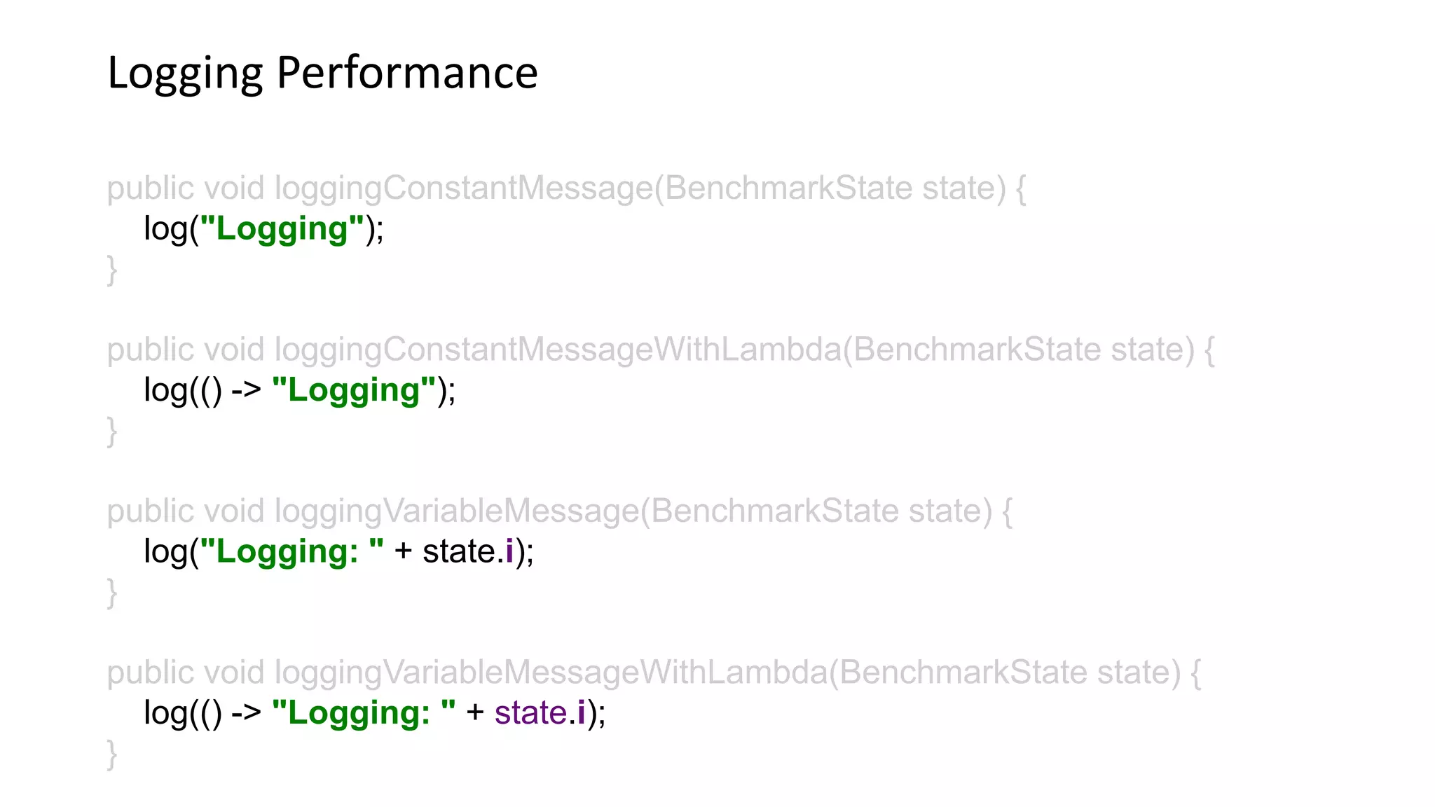 Logging Performance
public void loggingConstantMessage(BenchmarkState state) {
log("Logging");
}
public void loggingConstantMessageWithLambda(BenchmarkState state) {
log(() -> "Logging");
}
public void loggingVariableMessage(BenchmarkState state) {
log("Logging: " + state.i);
}
public void loggingVariableMessageWithLambda(BenchmarkState state) {
log(() -> "Logging: " + state.i);
}
 