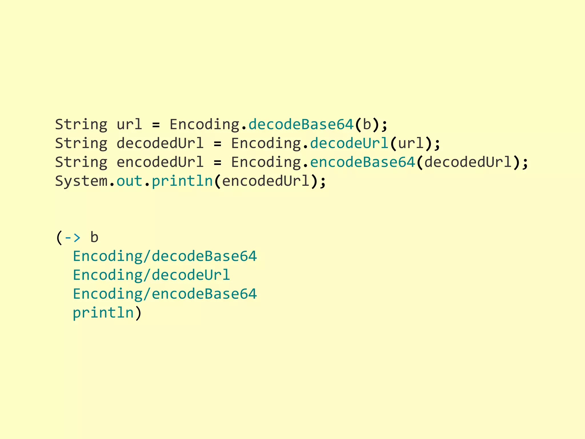 String  url  =  Encoding.decodeBase64(b); String  decodedUrl  =  Encoding.decodeUrl(url); String  encodedUrl  =  Encoding.encodeBase64(decodedUrl); System.out.println(encodedUrl); (-­‐>  b    Encoding/decodeBase64    Encoding/decodeUrl    Encoding/encodeBase64    println) 