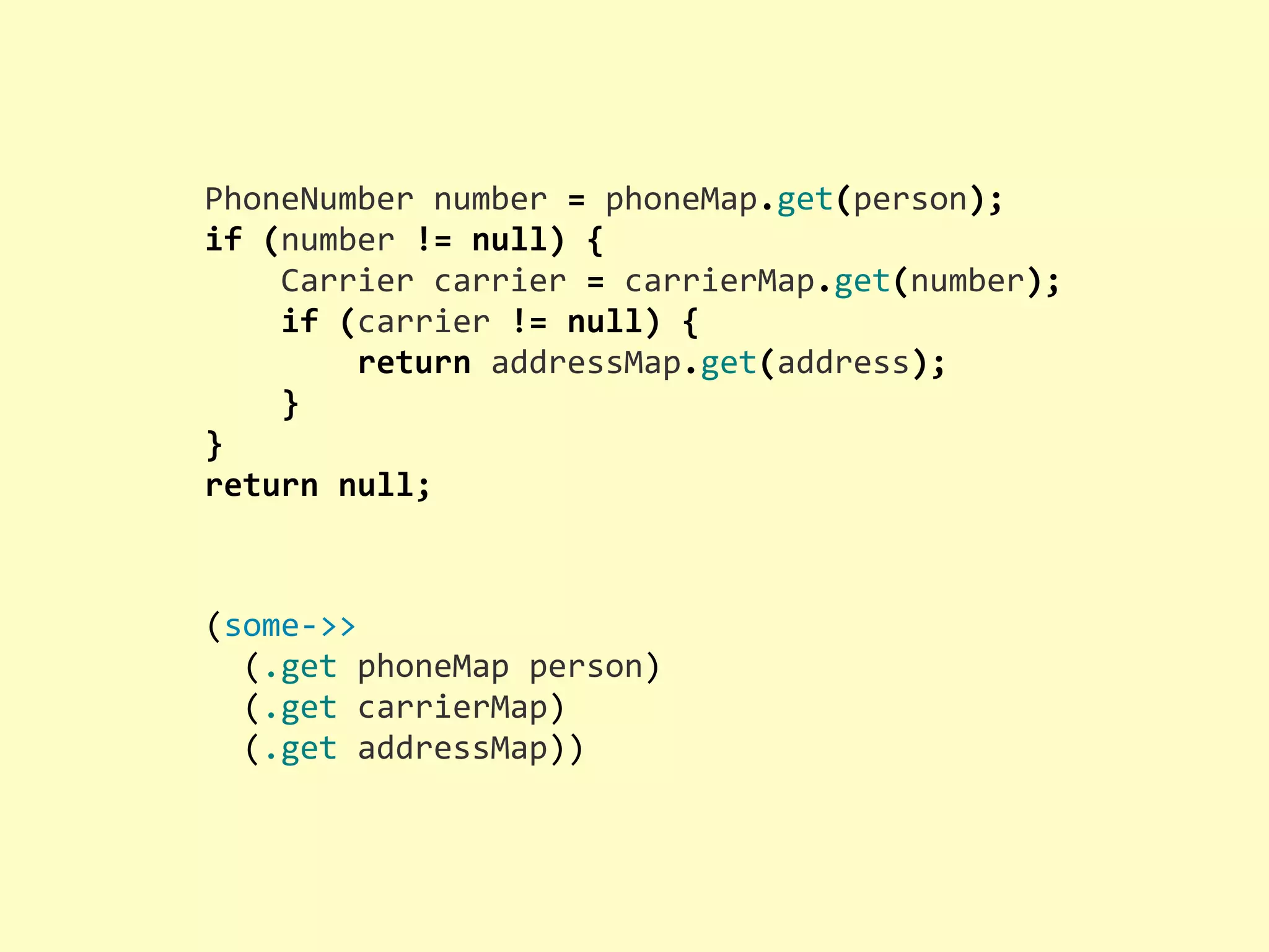 PhoneNumber  number  =  phoneMap.get(person); if  (number  !=  null)  {        Carrier  carrier  =  carrierMap.get(number);        if  (carrier  !=  null)  {                return  addressMap.get(address);        } } return  null; (some-­‐>>    (.get  phoneMap  person)    (.get  carrierMap)    (.get  addressMap)) 