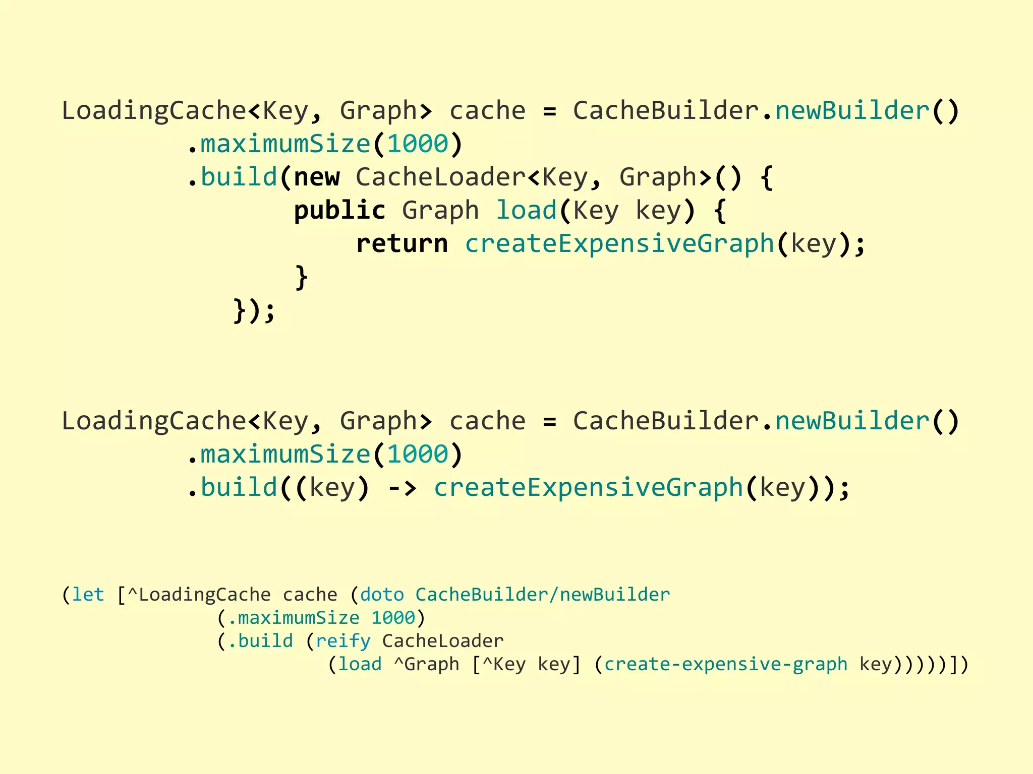 (let  [^LoadingCache  cache  (doto  CacheBuilder/newBuilder                            (.maximumSize  1000)                            (.build  (reify  CacheLoader                                                (load  ^Graph  [^Key  key]  (create-­‐expensive-­‐graph  key)))))]) LoadingCache<Key,  Graph>  cache  =  CacheBuilder.newBuilder()                .maximumSize(1000)                .build(new  CacheLoader<Key,  Graph>()  {                              public  Graph  load(Key  key)  {                                      return  createExpensiveGraph(key);                              }                      }); LoadingCache<Key,  Graph>  cache  =  CacheBuilder.newBuilder()                .maximumSize(1000)                .build((key)  -­‐>  createExpensiveGraph(key)); 