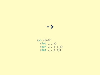 -­‐>
(-­‐>	
  stuff
	
  	
  (foo	
  ,,,	
  a)
	
  	
  (bar	
  ,,,	
  b	
  c	
  d)
	
  	
  (baz	
  ,,,	
  e	
  f))
 