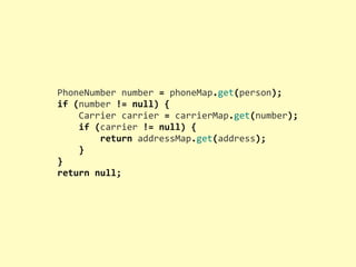 PhoneNumber	
  number	
  =	
  phoneMap.get(person);
if	
  (number	
  !=	
  null)	
  {
	
  	
  	
  	
  Carrier	
  carrier	
  =	
  carrierMap.get(number);
	
  	
  	
  	
  if	
  (carrier	
  !=	
  null)	
  {
	
  	
  	
  	
  	
  	
  	
  	
  return	
  addressMap.get(address);
	
  	
  	
  	
  }
}
return	
  null;
 