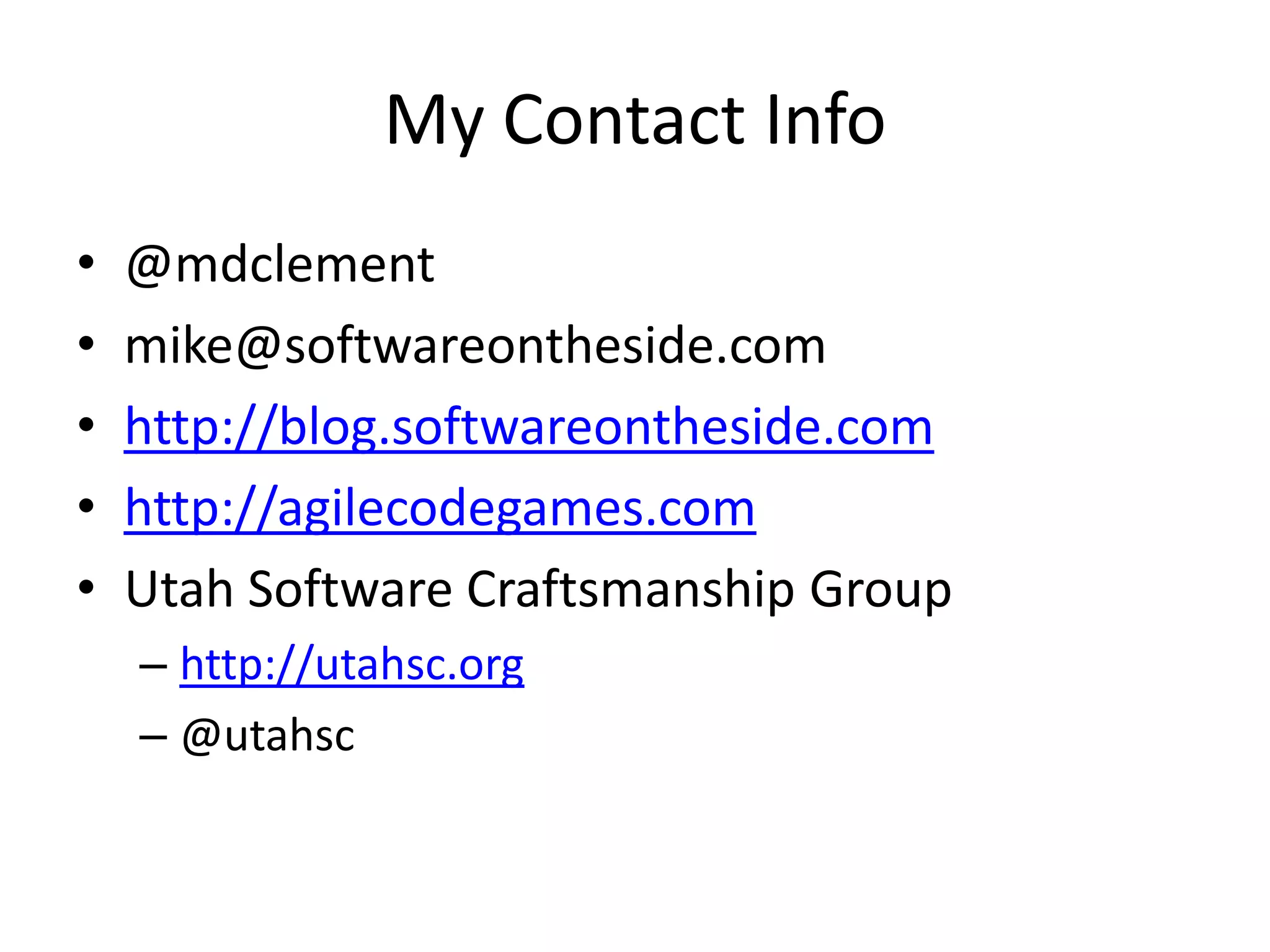 Action Items!
• Play with Patterns
• Share the Vocabulary
– Study HFDP with your team
• Build a common language
• Participate in a local Software Craftsmanship
group near you!
 