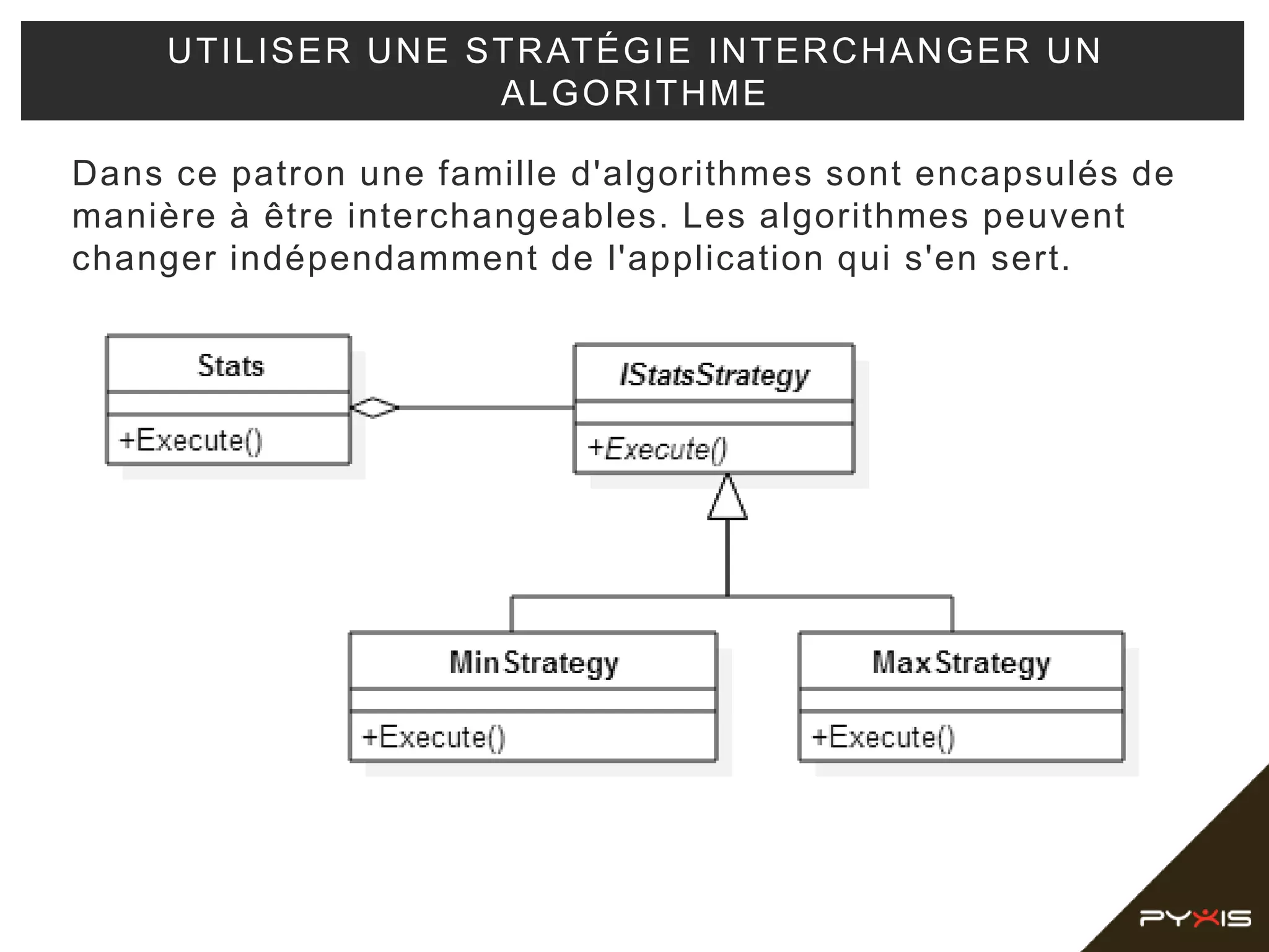 Dans ce patron une famille d'algorithmes sont encapsulés de
manière à être interchangeables. Les algorithmes peuvent
changer indépendamment de l'application qui s'en sert.
UTILISER UNE STRATÉGIE INTERCHANGER UN
ALGORITHME
 