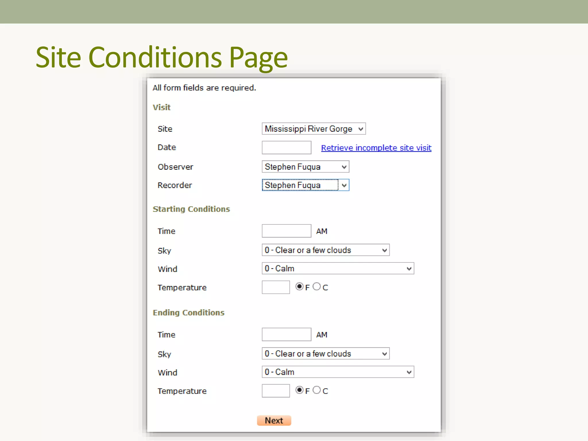 Site Conditions Page
 