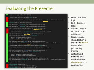 Evaluating the Presenter
• Green – UI layer
logic
• Red – business
logic
• Yellow – extract
to methods with
validation
• Business logic
should return a
modified SiteVisit
object after
performing
inserts.
• Just noticed –
first line isn’t
used! Remove
GlobalMap from
constructor.
 
