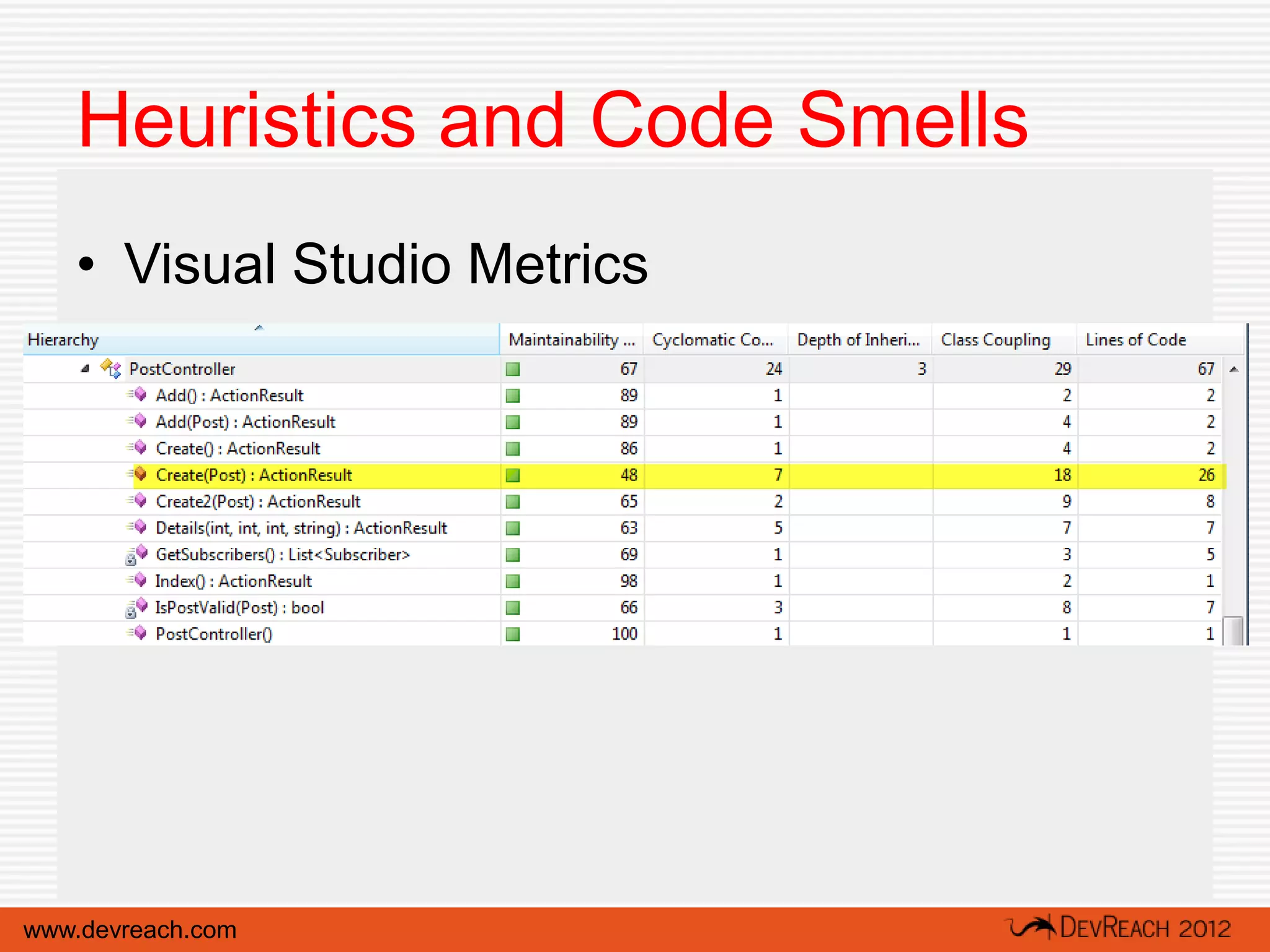Heuristics and Code Smells
   • Visual Studio Metrics




www.devreach.com
 