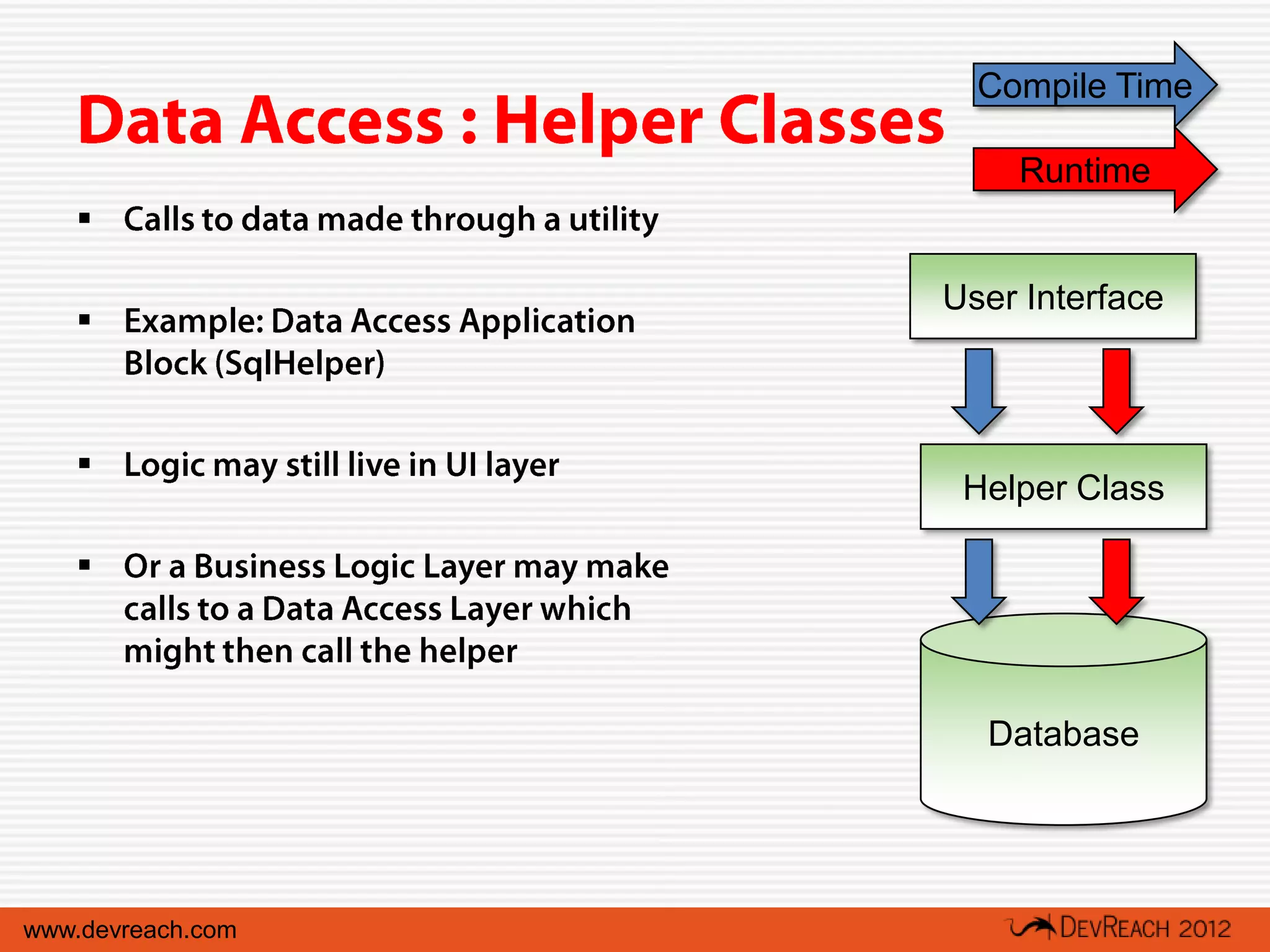 Compile Time

                       Runtime
   

                   User Interface
   



   
                    Helper Class

   



                     Database




www.devreach.com
 