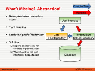 Compile Time

                                           Runtime
   
                              User Interface

   

                      Core              Infrastructure
                   IFooRepository      SqlFooRepository
   
        

        
                                Database




www.devreach.com
 