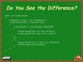 Do You See the Difference? public void SendReminder() { StringBuilder message = new StringBuilder (); if (Data.ReminderDate == DateTime.Today) { if (Data.ShipDate > Data.OrderDate.AddDays(5)) { message.Append("Sorry last order was late."); message.Append("Next order will be ontime"); } else { message.Append("Time to renew your subscription"; WriteMessage(message.ToString()); } } } 