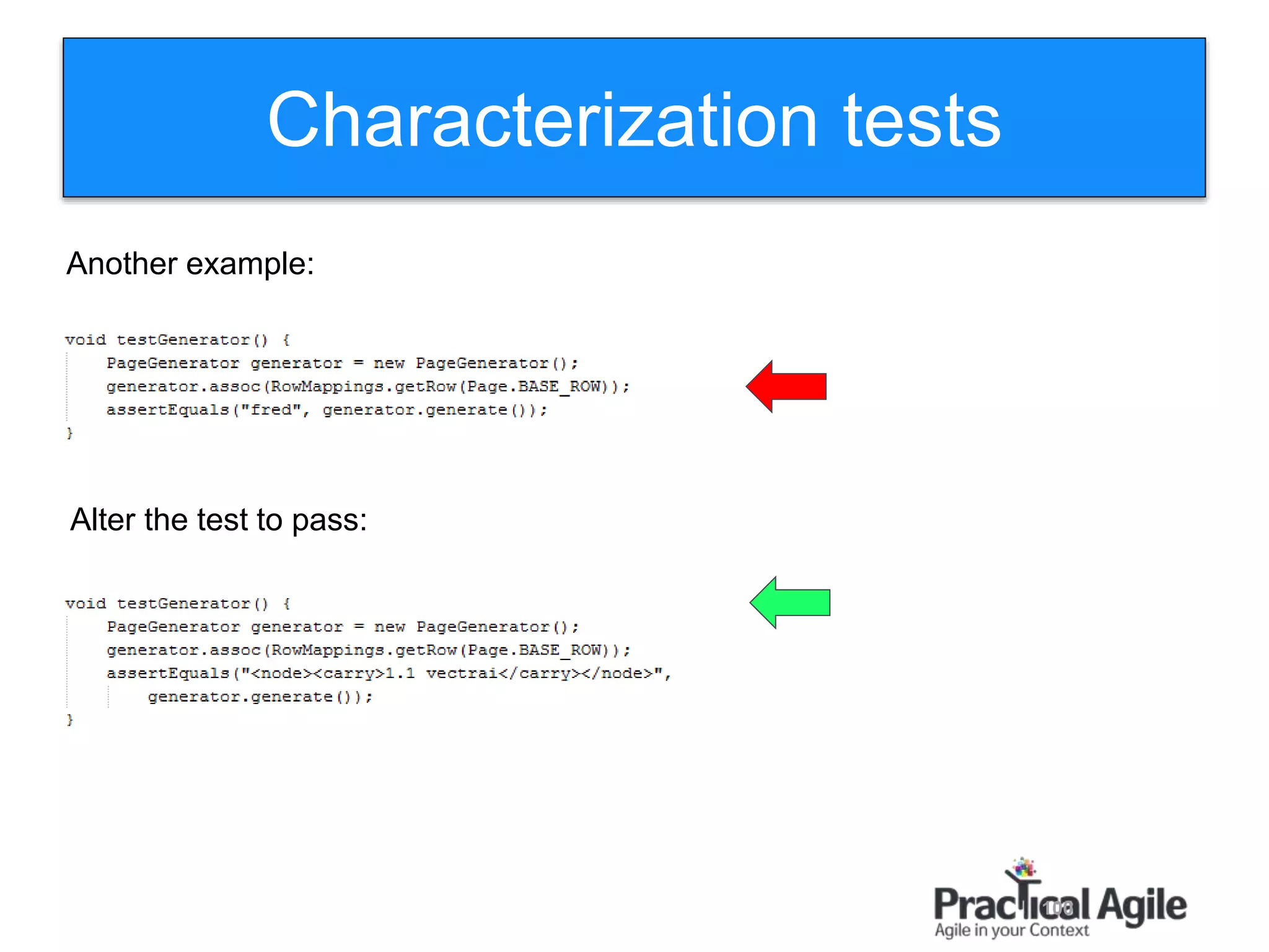 100
Characterization tests
Alter the test to pass:
Another example:
 