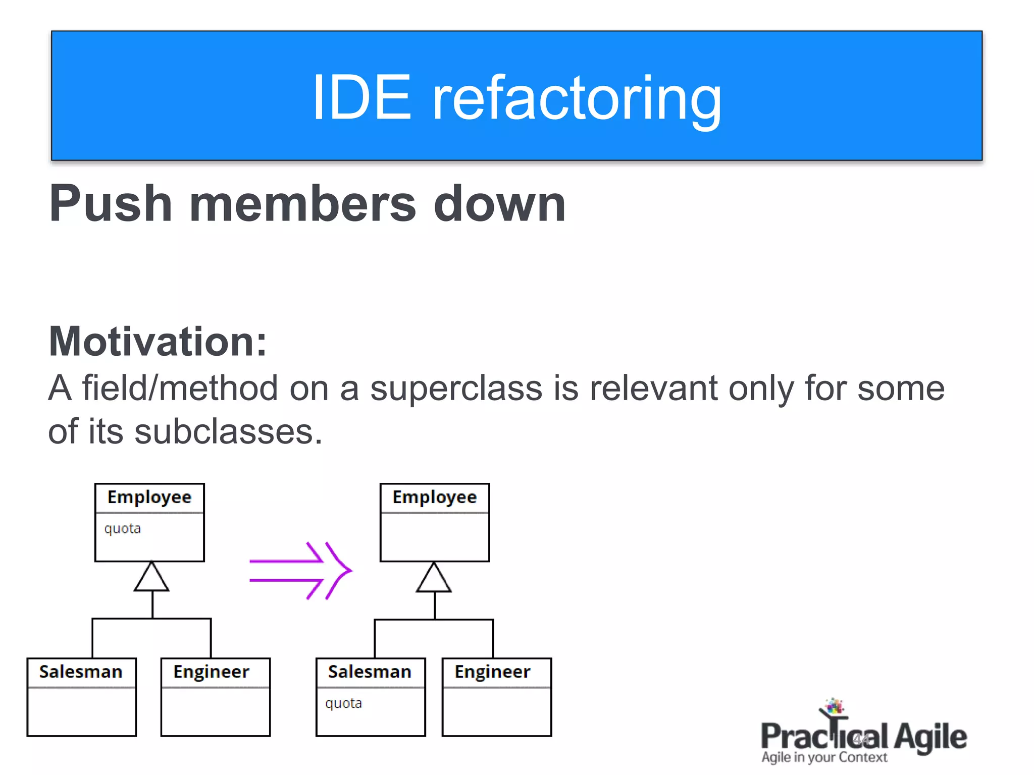 44
Push members down
Motivation:
A field/method on a superclass is relevant only for some
of its subclasses.
IDE refactoring
 