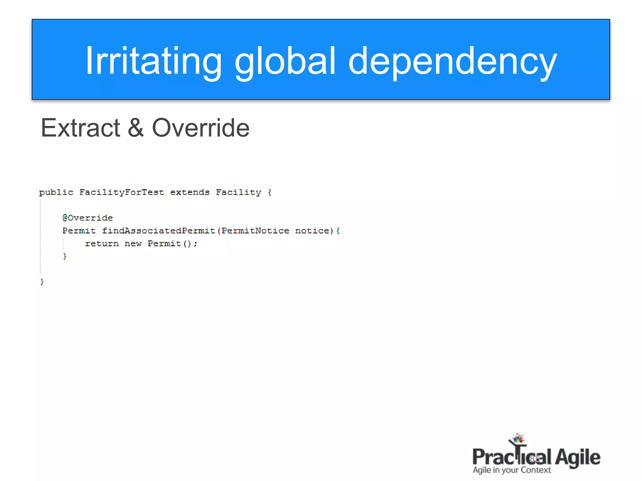85
Irritating global dependency
Extract & Override
 