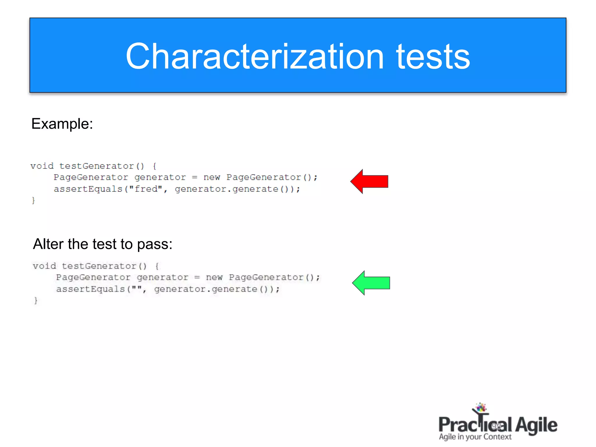 99
Characterization tests
Alter the test to pass:
Example:
 