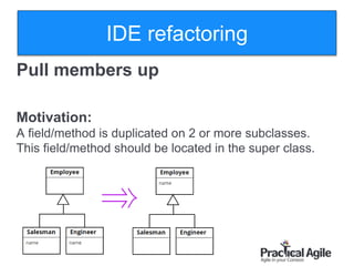 42
Pull members up
Motivation:
A field/method is duplicated on 2 or more subclasses.
This field/method should be located in the super class.
IDE refactoring
 