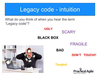 49
Legacy code - intuition
BLACK BOX
SCARY
Tangled
UGLY
FRAGILE
BAD
DON’T TOUCH!!
What do you think of when you hear the term
“Legacy code”?
 