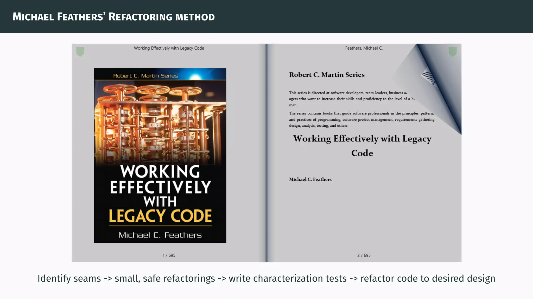 Michael Feathers’ Refactoring method
Identify seams -> small, safe refactorings -> write characterization tests -> refactor code to desired design
 