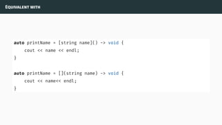 Equivalent with
auto printName = [string name]() -> void {
cout << name << endl;
}
auto printName = [](string name) -> void {
cout << name<< endl;
}
 