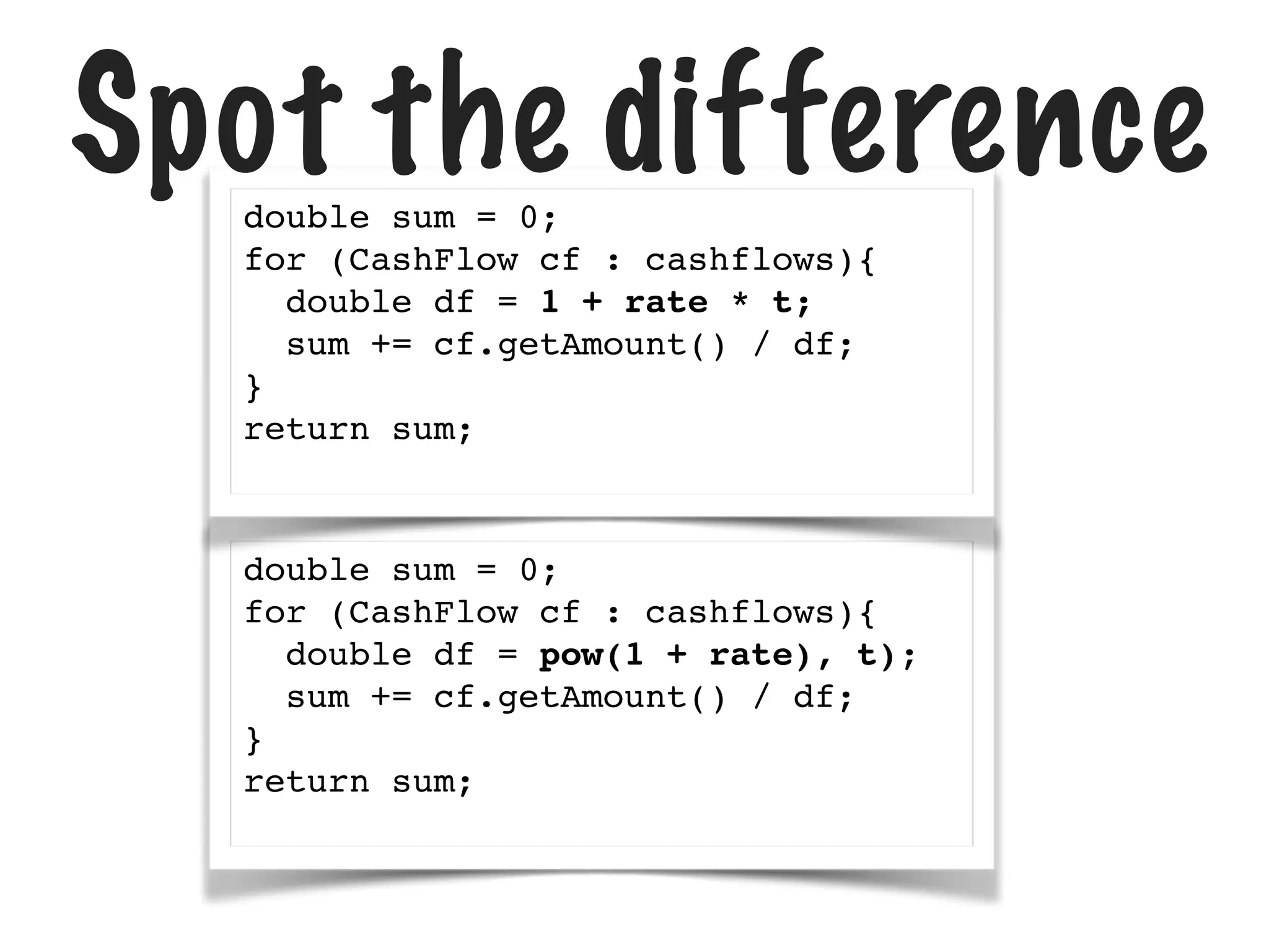 double sum = 0;
for (CashFlow cf : cashflows){
double df = pow(1 + rate), t);
sum += cf.getAmount() / df;
}
return sum;
double sum = 0;
for (CashFlow cf : cashflows){
double df = 1 + rate * t;
sum += cf.getAmount() / df;
}
return sum;
Spot the difference
 