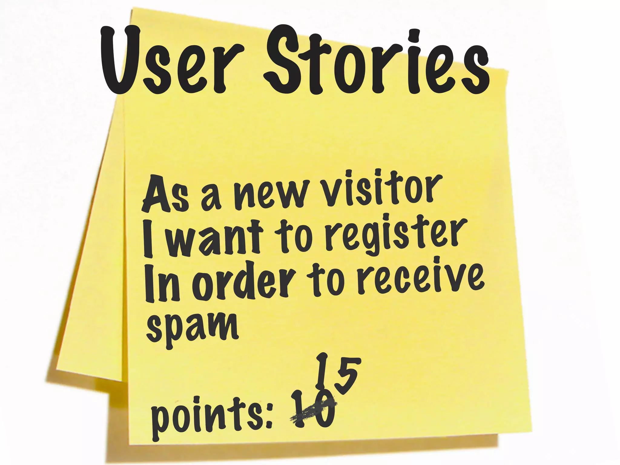 User Stories
As a ne w v is i t o r
I w a nt t o re g is te r
I n o rde r t o re c e i ve
s p am
15
p o in t s: 10

 