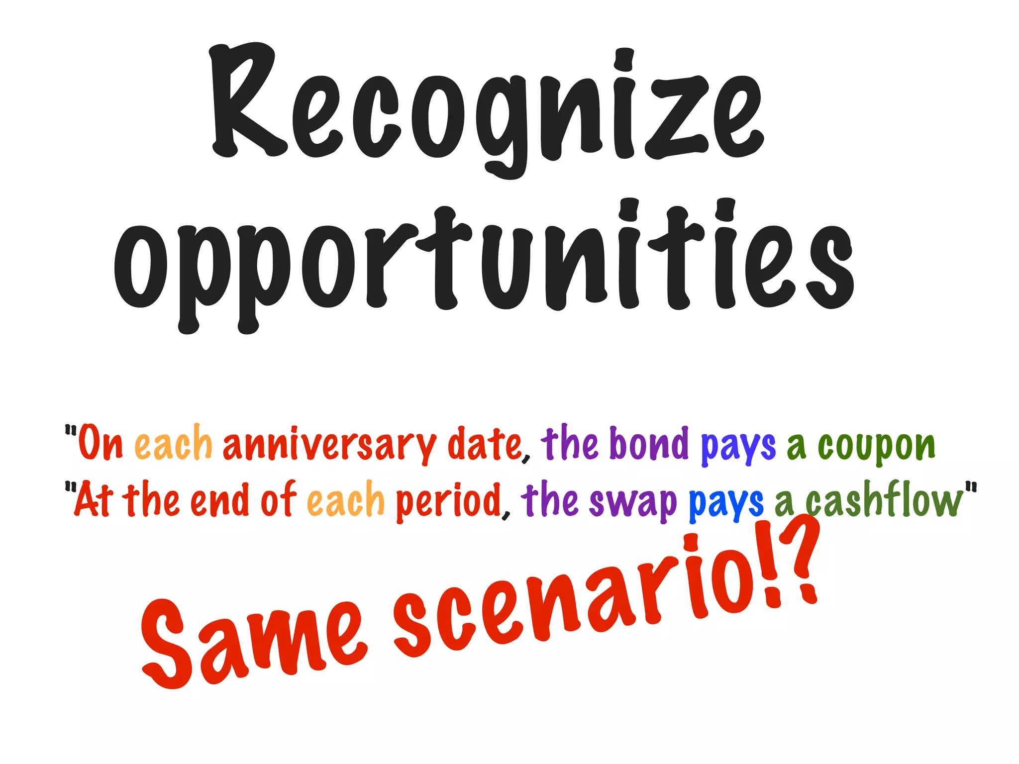 Recognize
opportunities
"On each anniversary date, the bond pays a coupon
"At the end of each period, the swap pays a cashflow"

S am

io !?
e n ar
e sc

 