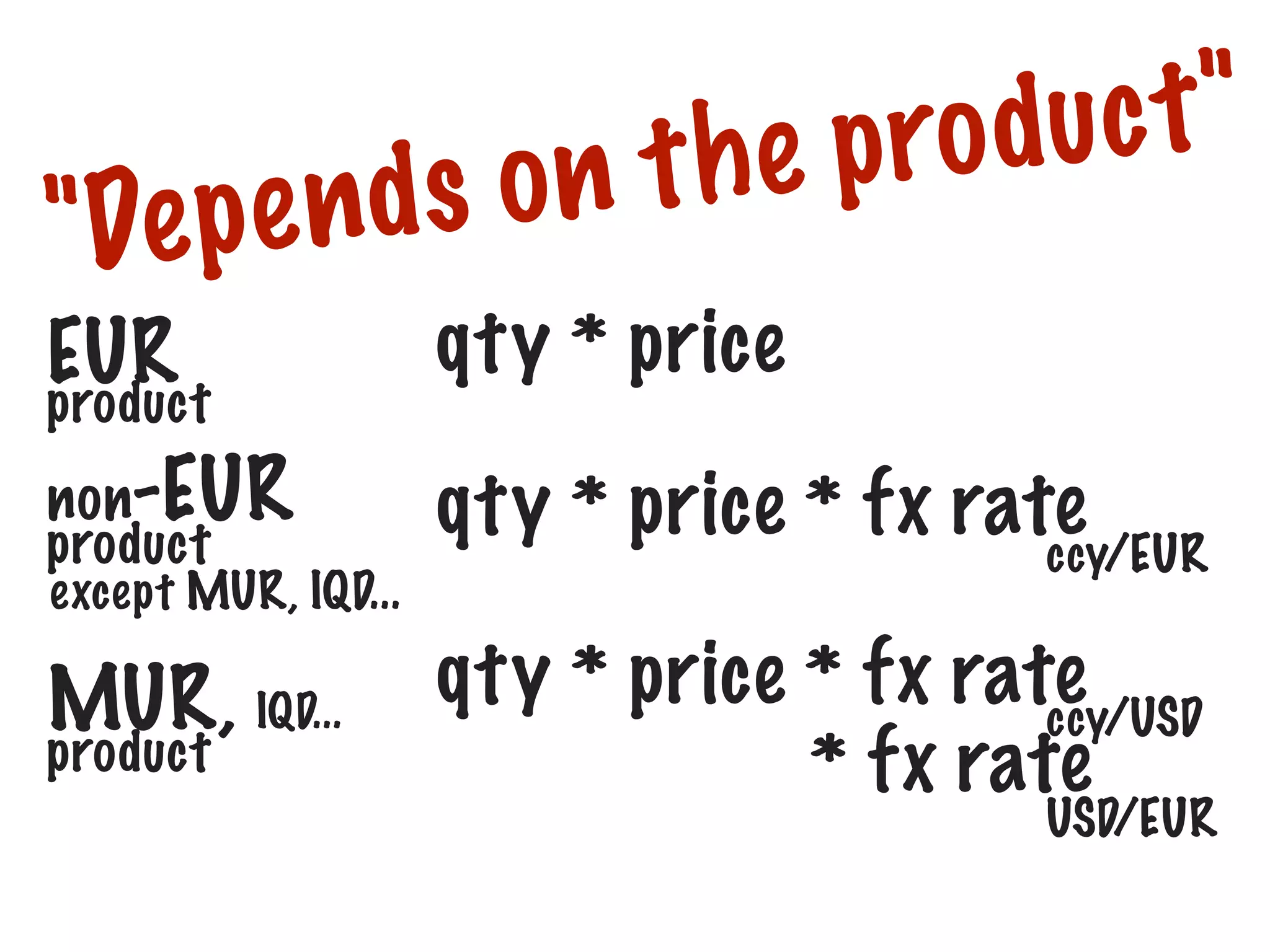 e nds
"De p

duc t "
e pro
on th

EUR
product

qty * price

non-EUR

product

qty * price * fx rate
ccy/EUR

MUR, IQD...

qty * price * fx rate
ccy/USD
* fx rate

except MUR, IQD...

product

USD/EUR

 