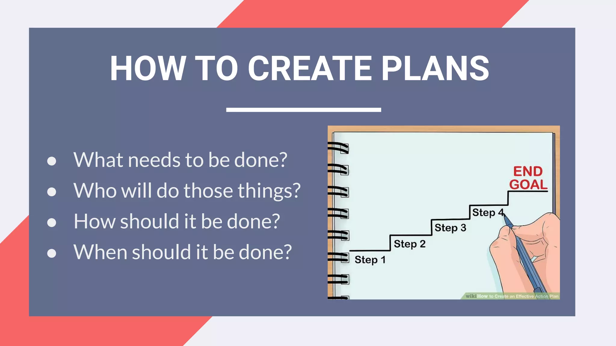 ● What needs to be done?
● Who will do those things?
● How should it be done?
● When should it be done?
HOW TO CREATE PLANS
 