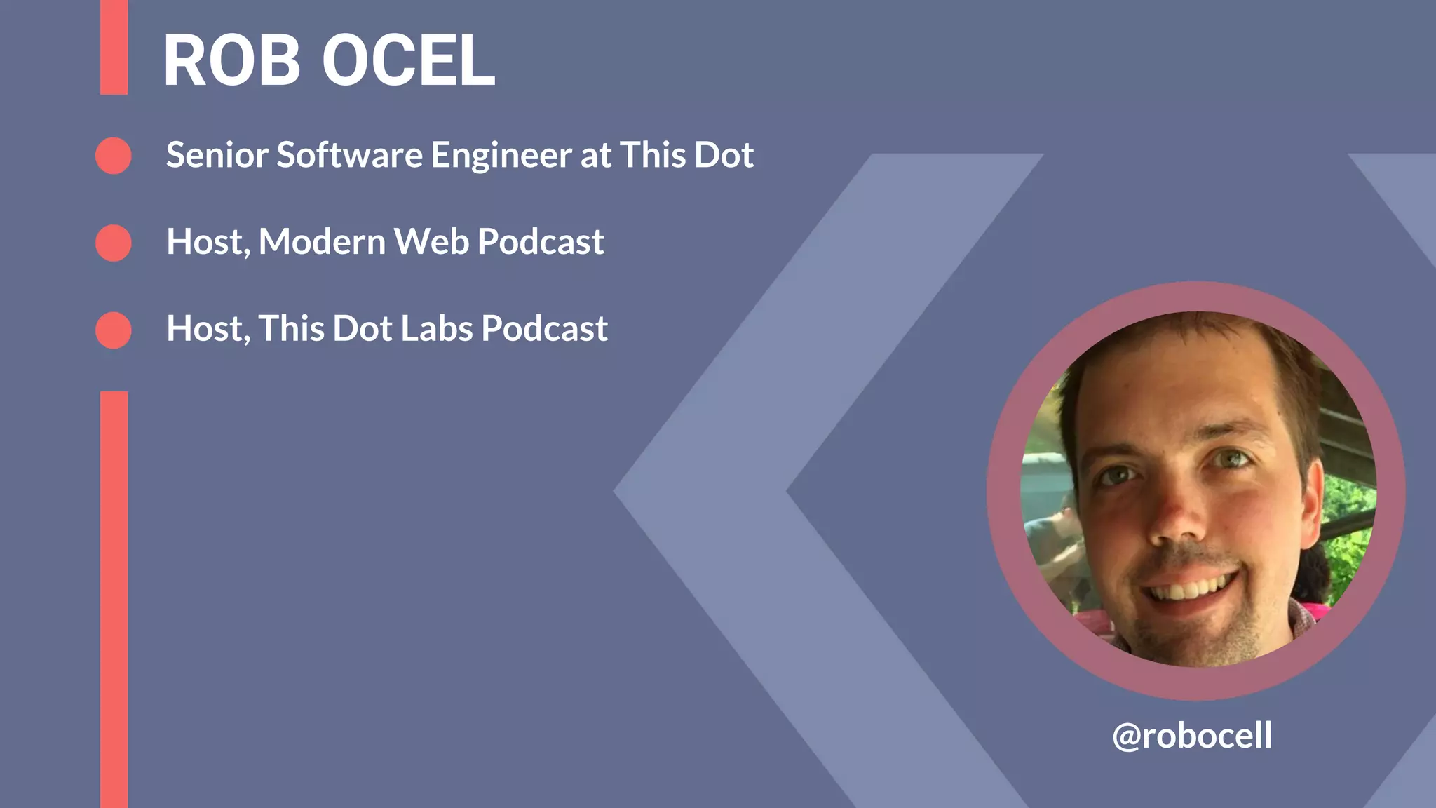 ROB OCEL
@robocell
Senior Software Engineer at This Dot
Host, Modern Web Podcast
Host, This Dot Labs Podcast
 