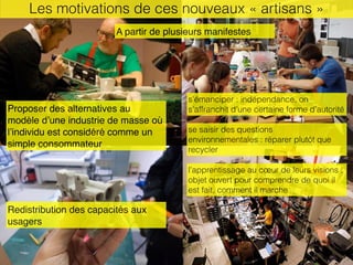 Les motivations de ces nouveaux « artisans »
A partir de plusieurs manifestes
Proposer des alternatives au
modèle d’une in...