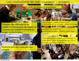 Les motivations de ces nouveaux « artisans »
A partir de plusieurs manifestes
Proposer des alternatives au
modèle dʼune in...