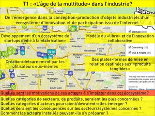 T1 : «L’âge de la multitude» dans l’industrie?

  De l’émergence dans la conception-production d’objets industriels d’un
        écosystème d’innovation et de participation issu de l’internet

Développement d’un écosystème de            Modèle du «libre» et de l’innovation
 startups dédié à la «fabrication»                    collaborative



                                               Des plates-formes de mise en
  Création/détournement par les
                                              relation destinées aux «produits
     utilisateurs eux-mêmes
                                                         tangibles»




Quelles sont les motivations de ces acteurs à s’implater dans cet écosystème?
Quelles catégories de secteurs, de produits, seraient les plus concernées ?
Quelles catégories d'acteurs pourraient/devraient-elles émerger ?
Quelles seraient les conséquences sur les secteurs/systèmes concernés ?
Comment les acteurs installés peuvent-ils s'y préparer ?
 