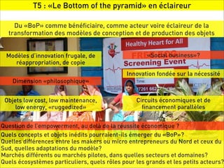 T5 : «Le Bottom of the pyramid» en éclaireur

    Du «BoP» comme bénéﬁciaire, comme acteur voire éclaireur de la
  transformation des modèles de conception et de production des objets


 Modèles d’innovation frugale, de                    «Social business»?
    réappropriation, de copie
                                              Innovation fondée sur la nécessité
    Dimension «philosophique»


 Objets low cost, low maintenance,               Circuits économiques et de
     low energy, «ruggedized»                      ﬁnancement parallèles


Question de l’empowerment, au delà de la réussite économique ?
Quels concepts et objets inédits pourraient-ils émerger du «BoP»?
Quelles différences entre les makers ou micro entrepreneurs du Nord et ceux du
Sud, quelles adaptations du modèle?
Marchés différents ou marchés pilotes, dans quelles secteurs et domaines?
Quels écosystèmes particuliers, quels rôles pour les grands et les petits acteurs?
 