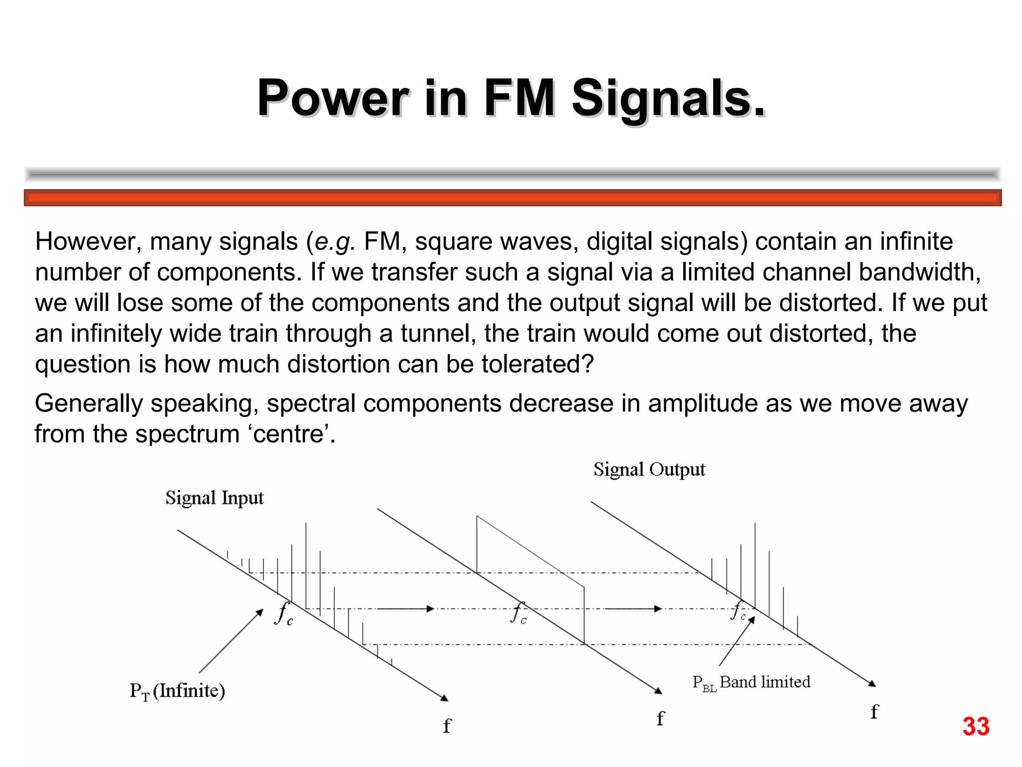 Power in FM Signals. However, many signals ( e.g.  FM, square waves, digital signals) contain an infinite  number of components. If we transfer such a signal via a limited channel bandwidth,  we will lose some of the components and the output signal will be distorted. If we put  an infinitely wide train through a tunnel, the train would come out distorted, the  question is how much distortion can be tolerated? Generally speaking, spectral components decrease in amplitude as we move away  from the spectrum ‘centre’. 33 