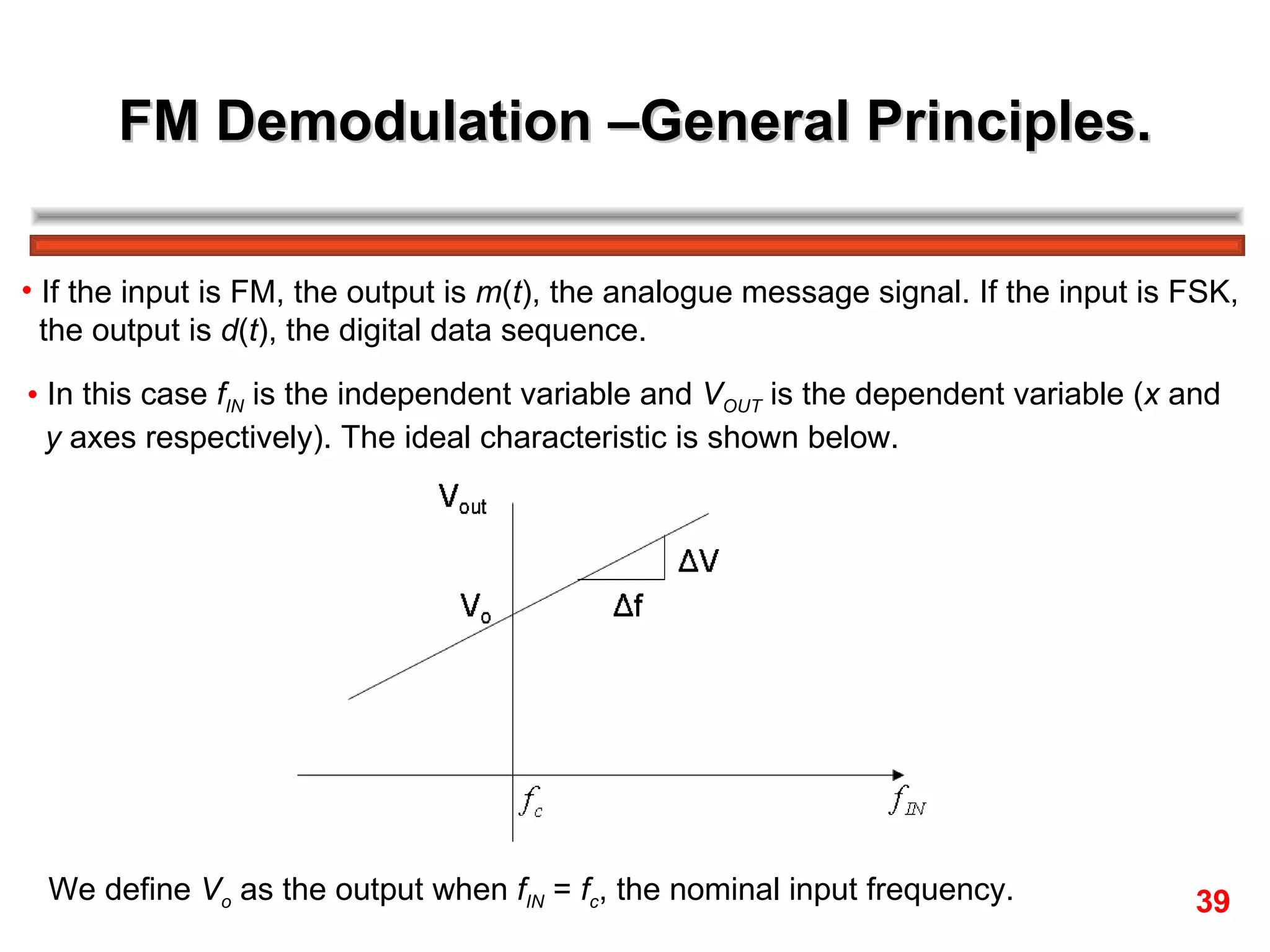 FM Demodulation –General Principles. If the input is FM, the output is  m ( t ), the analogue message signal. If the input is FSK,  the output is  d ( t ), the digital data sequence. In this case  f IN  is the independent variable and  V OUT  is the dependent variable ( x  and  y  axes respectively). The ideal characteristic is shown below. We define  V o  as the output when  f IN  =  f c , the nominal input frequency.  39 