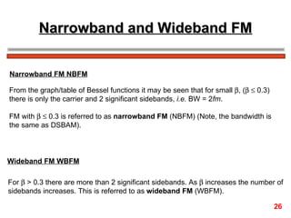 Narrowband and Wideband FM From the graph/table of Bessel functions it may be seen that for small   , (      0.3)  there is only the carrier and 2 significant sidebands,  i.e.  BW = 2 fm . FM with       0.3 is referred to as  narrowband FM  (NBFM) (Note, the bandwidth is  the same as DSBAM). For    > 0.3 there are more than 2 significant sidebands. As    increases the number of  sidebands increases. This is referred to as  wideband FM  (WBFM). Narrowband FM NBFM Wideband FM WBFM 26 