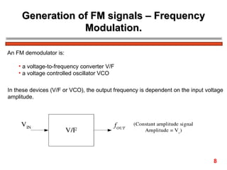 Generation of FM signals – Frequency Modulation. An FM demodulator is: a voltage-to-frequency converter V/F a voltage controlled oscillator VCO In these devices (V/F or VCO), the output frequency is dependent on the input voltage  amplitude. 8 