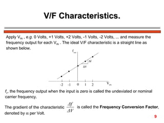 V/F Characteristics. Apply V IN  ,  e.g.  0 Volts, +1 Volts, +2 Volts, -1 Volts, -2 Volts, ... and measure the  frequency output for each V IN  . The ideal V/F characteristic is a straight line as  shown below. f c , the frequency output when the input is zero is called the undeviated or nominal  carrier frequency.  The gradient of the characteristic  is called the  Frequency Conversion Factor ,  denoted by    per Volt. 9 