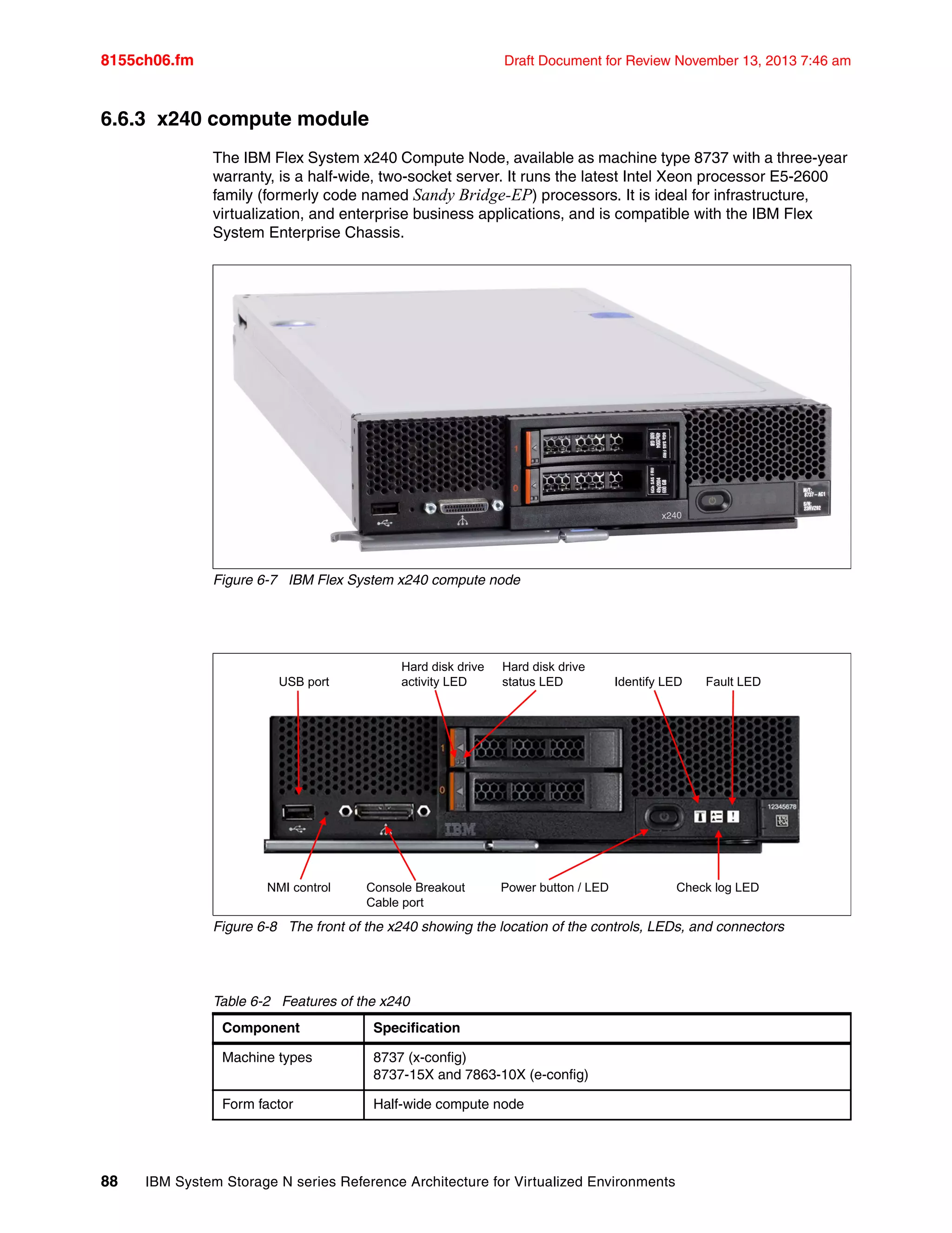 8155ch06.fm Draft Document for Review November 13, 2013 7:46 am
88 IBM System Storage N series Reference Architecture for Virtualized Environments
6.6.3 x240 compute module
The IBM Flex System x240 Compute Node, available as machine type 8737 with a three-year
warranty, is a half-wide, two-socket server. It runs the latest Intel Xeon processor E5-2600
family (formerly code named Sandy Bridge-EP) processors. It is ideal for infrastructure,
virtualization, and enterprise business applications, and is compatible with the IBM Flex
System Enterprise Chassis.
Figure 6-7 IBM Flex System x240 compute node
Figure 6-8 The front of the x240 showing the location of the controls, LEDs, and connectors
Table 6-2 Features of the x240
Component Specification
Machine types 8737 (x-config)
8737-15X and 7863-10X (e-config)
Form factor Half-wide compute node
USB port
Console Breakout
Cable port
Power button / LED
Hard disk drive
activity LED
Hard disk drive
status LED Identify LED
Check log LED
Fault LED
NMI control
 